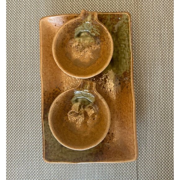Handcrafted Ceramic Sushi Set Dish Two Matching Dipping Bowls Rectangular Tray - Picture 4 of 5